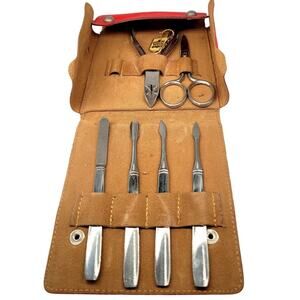 Vintage German Red Leather‎ 6 Piece Manicure Set